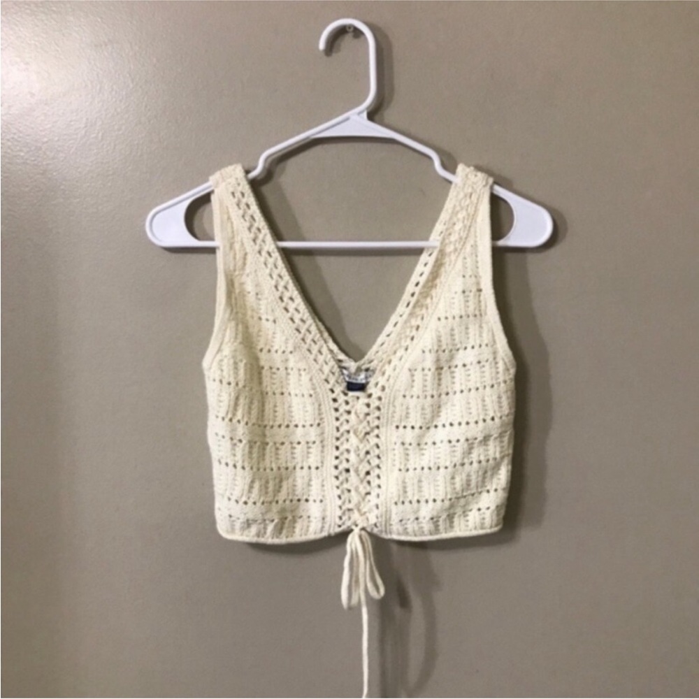 American Eagle Cropped Lace Up Knit Crochet Tank Top - Picture 4 of 6